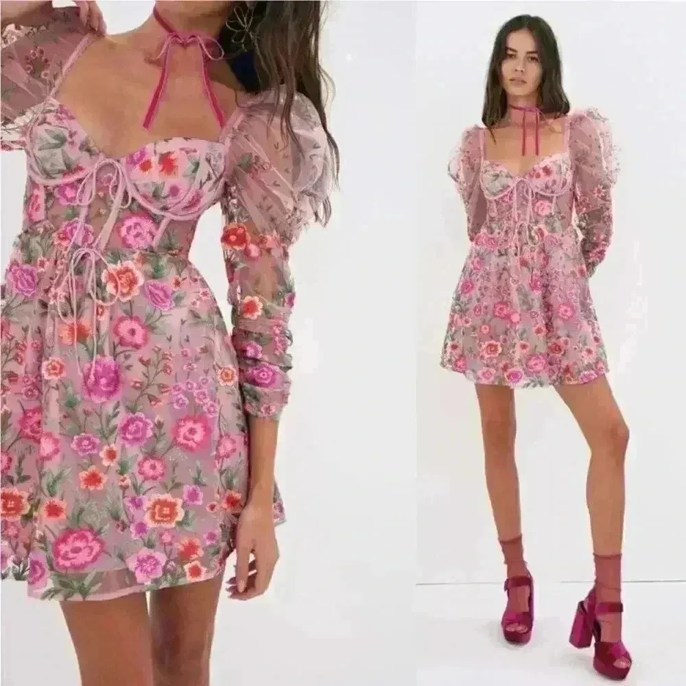 NWT For Love & Lemons Tayla Ruffle Corset Embroidered Puff Sleeve Dress Size XS - Image 5