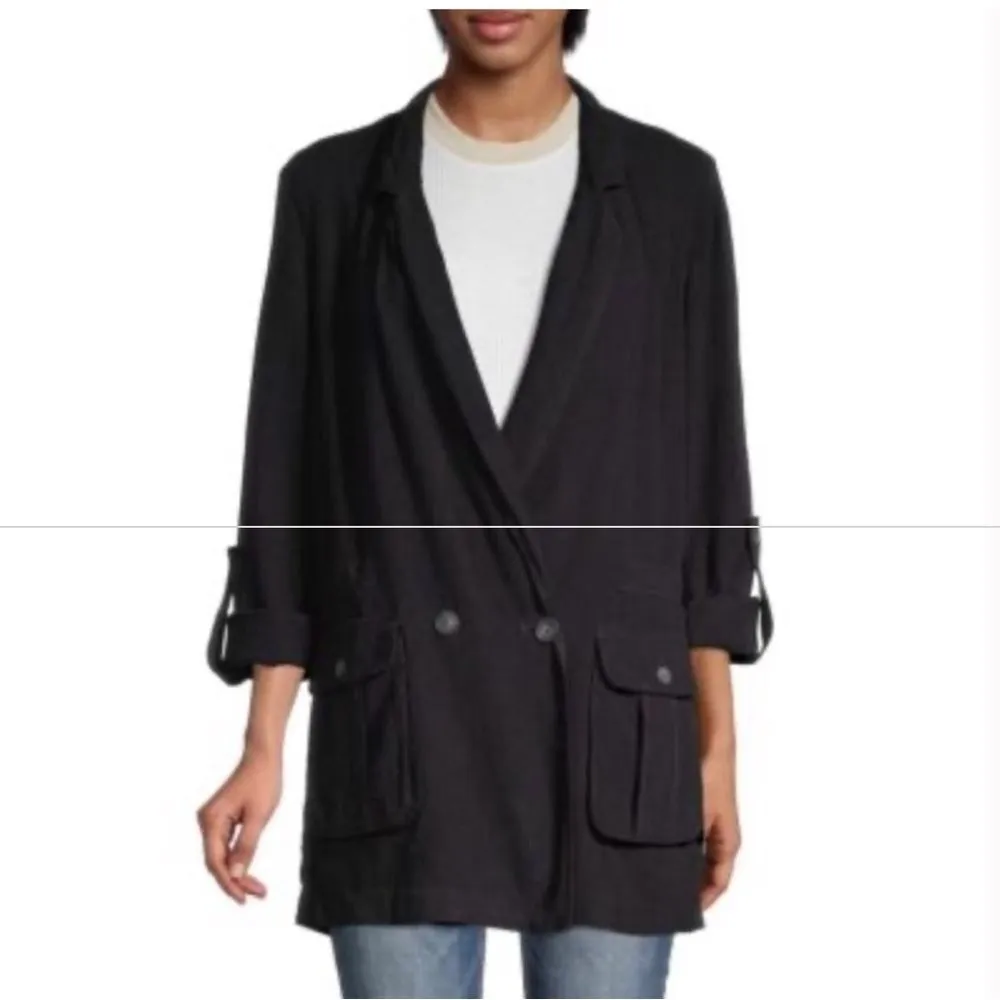 Free People Charly Blazer Midnight Black Size Medium Linen Boho Jacket‎ - Image 4