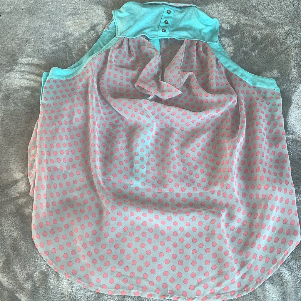 Double Zero Aqua Pink Polka Dot Sheer Blouse Hi Low Size Medium - Image 2
