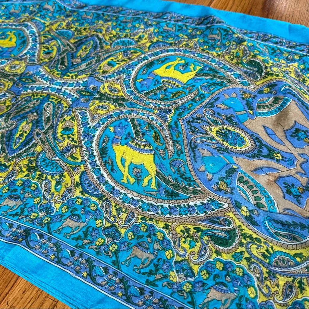 Vintage Pure Silk Crepe Batik Print Scarves Set of 2 Teal Blue Animals Paisley - Image 14