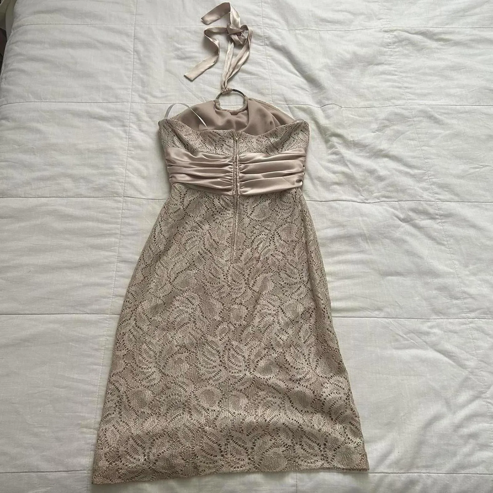 Y2K Betsy & Adam Tan lace diamanté ring halter dress with bow detail Size 4 - Image 3