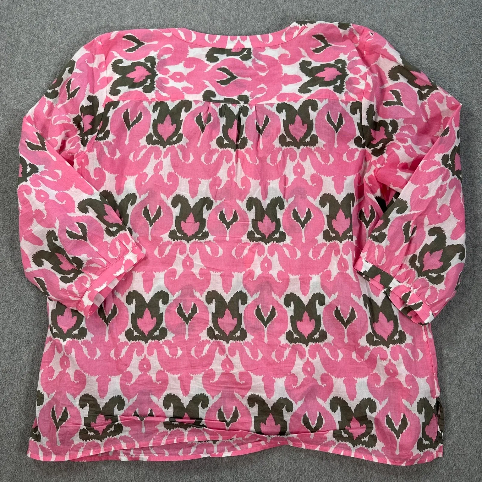 TALBOTS Split Neck Popover Shirt Pink Ikat Women's XL Lightweight 3/4 Sleeve - Image 9