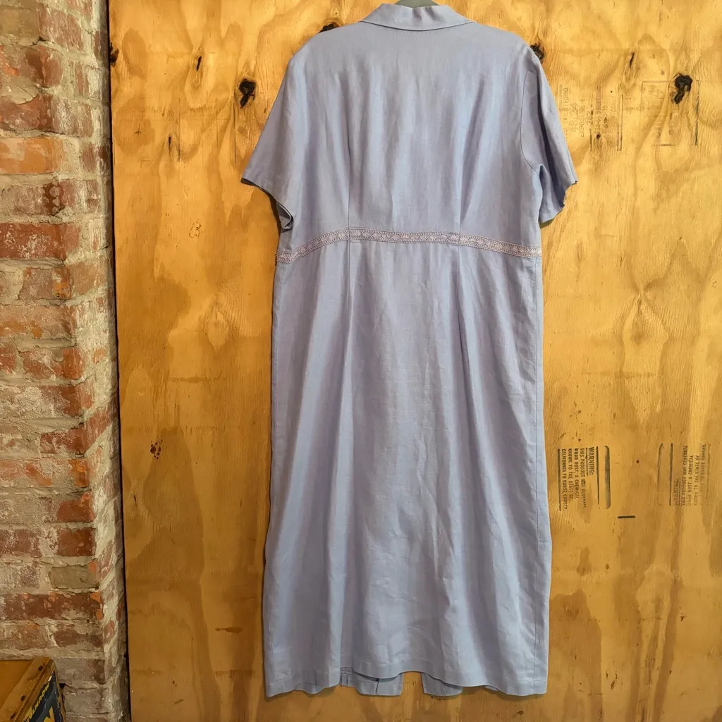 Vintage Purple Linen Button Front Short Sleeve Midi Shirt Dress - Image 4