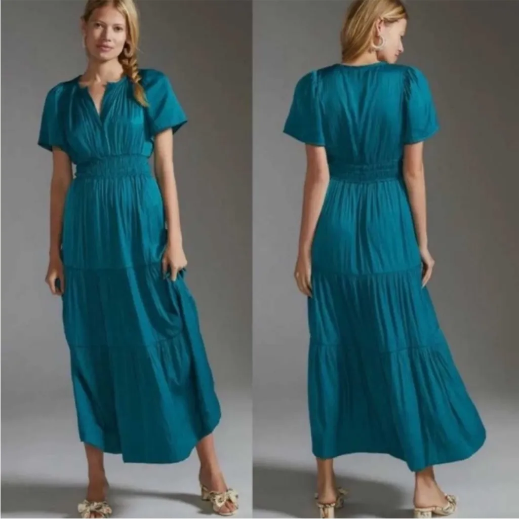 Anthropologie The Somerset Silky Satin Tiered Midi Dress in Size XS - Image 2