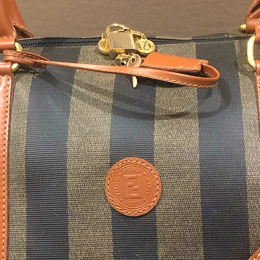 FENDI Pequin Pecan Stripe Bandolier Boston Travel Bag with FENDI Shoulder Strap - Image 2