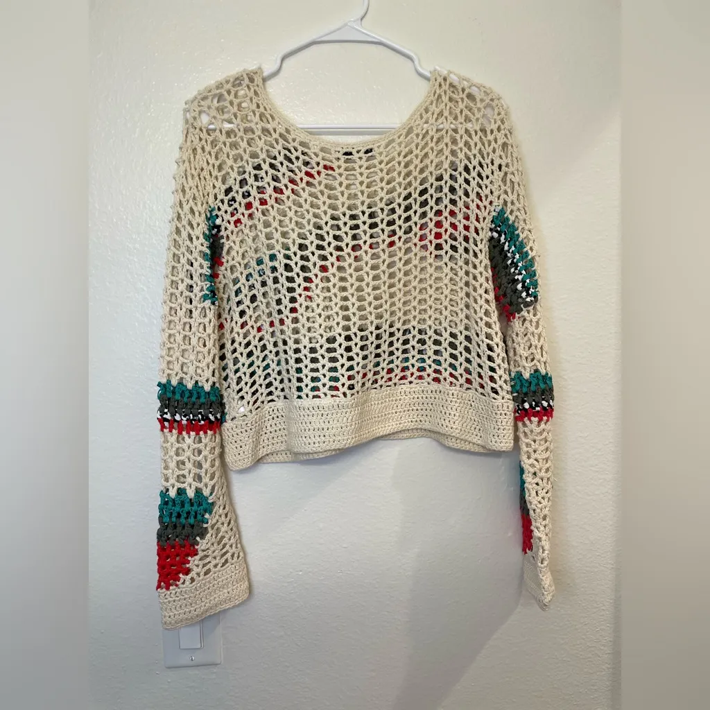 Sandro Paris Knit Steiped Cream and Multicolor Crochet Crew Neck Sweater Size 2 - Image 7
