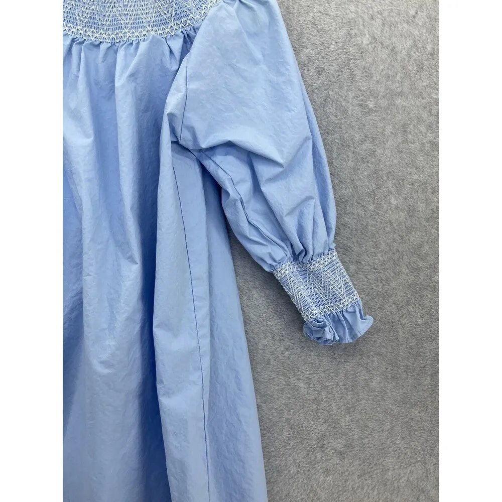 ZARA Women's Off Shoulder Dress Solid Blue Size Small Smocked Sleeve Shift - Image 11