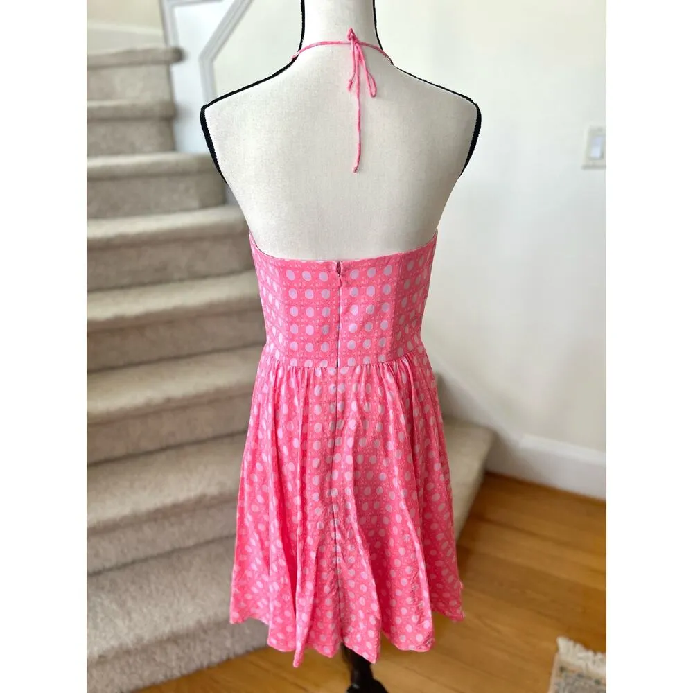 Vineyard Vines Neon Pink Silk Cane Print Halter Dress - Image 4