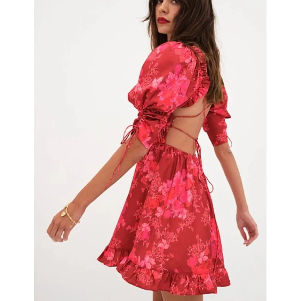 For Love & Lemons Alia Mini Dress Red Size Small NWT Lace Up Back Flirty Sassy - Image 10