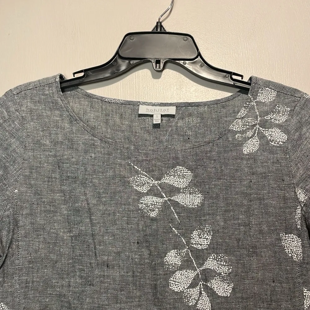 Habitat- Linen Cotton Gray & White Leaf Knee Length Shift Dress Pockets- Small - Image 6