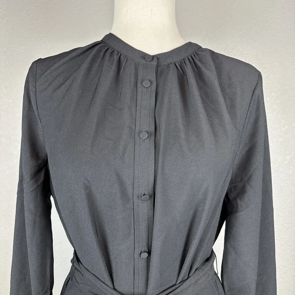 J Crew Women Drapey Shirt Dress Size M Black Satin-back Crepe Button Long Sleeve - Image 3
