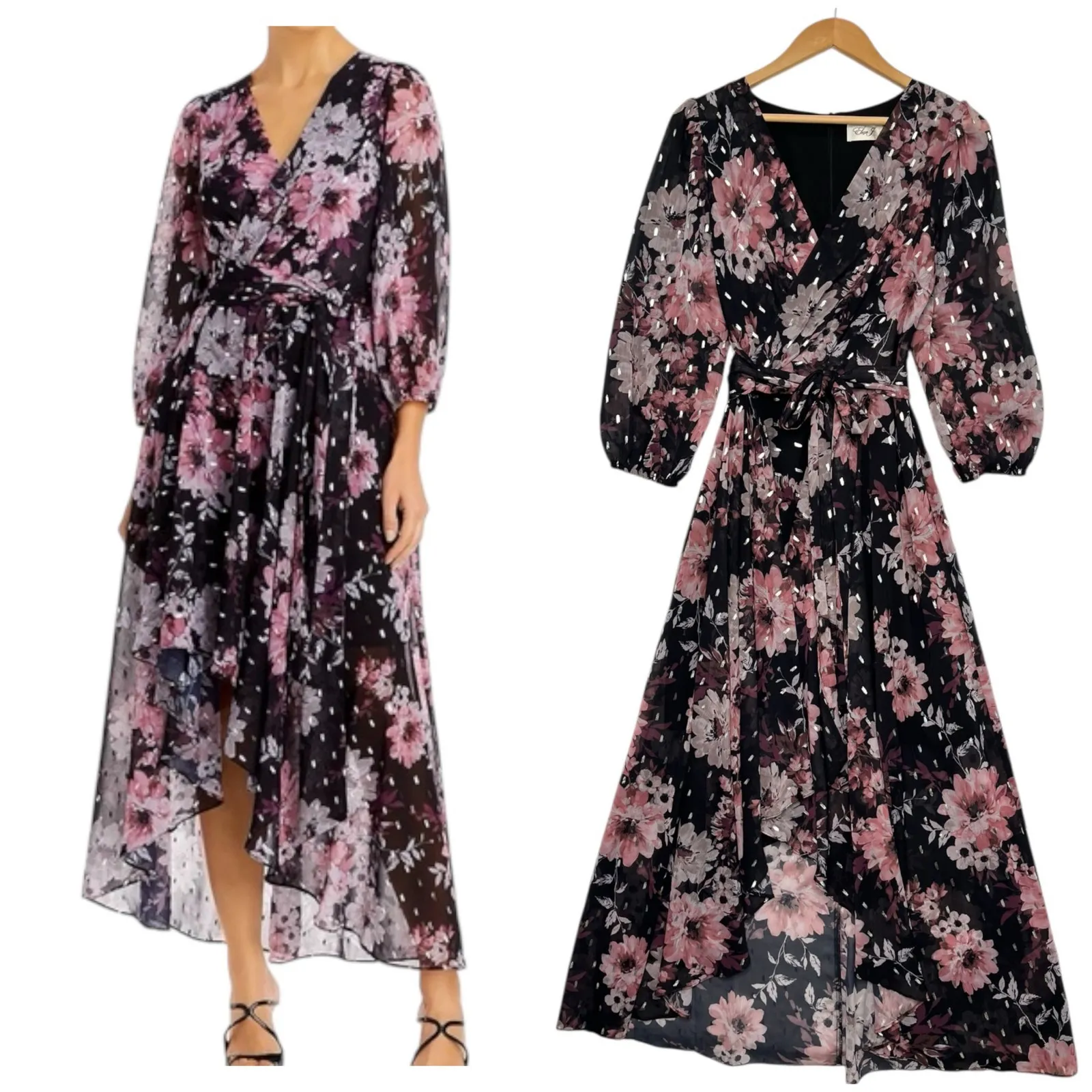 Eliza J Dress Womens 6 Black Pink Floral Maxi Wrap Chiffon Metallic Wimsigoth - Image 2