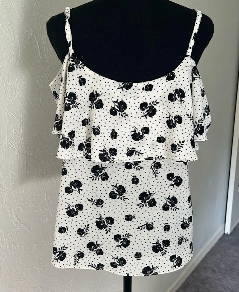 Black & white ruffled floral & polka dot cold shoulder off shoulder top - Image 6