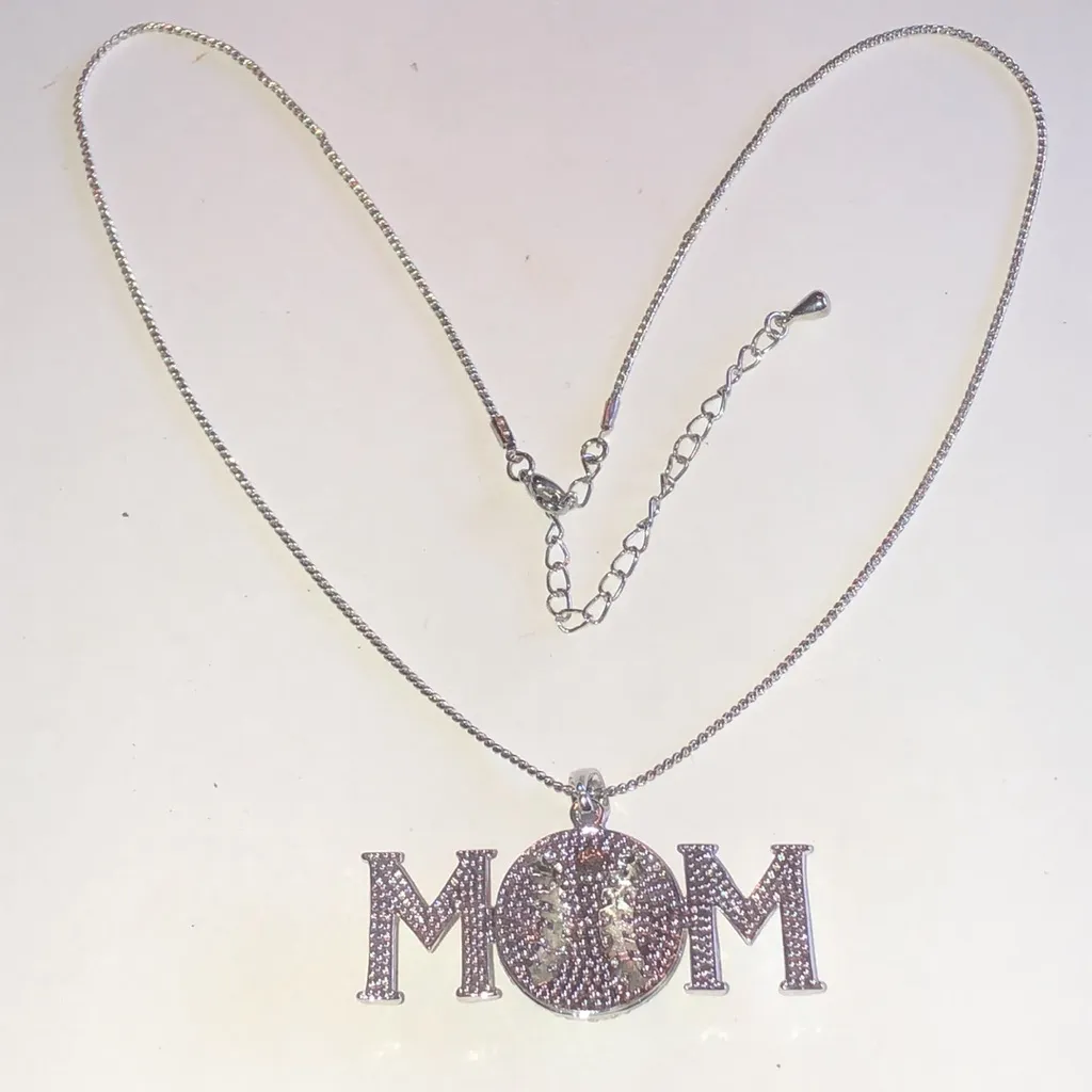 Silver Tone MOM Baseball Rhinestone Pendant Necklace - Image 4