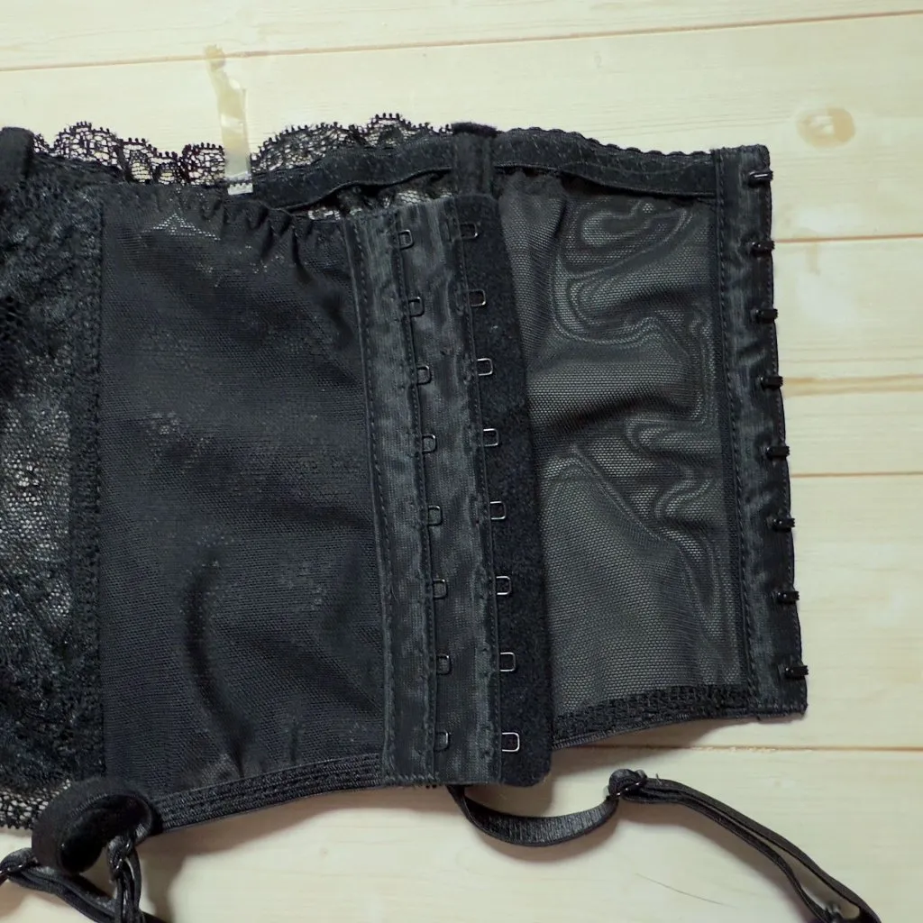 Escante Purple and Black Lace Lingerie Set Push Up Bra Garter Belt Medium Sexy - Image 11