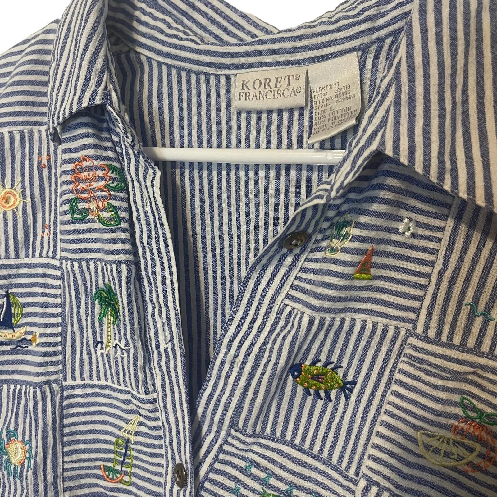 Koret Francisca Vintage 90s Large Coastal‎ Beach Embroidered Button Up Blue - Image 6