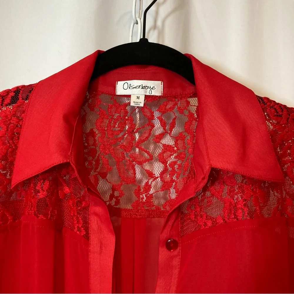 Olsenboye Red Lace Lightweight Button Up Blouse Top - Image 3