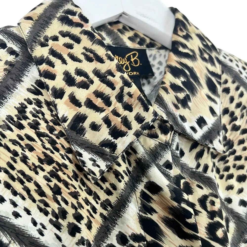 VTG Corey B Silk Leopard Print Blouse Top 4 Long Sleeve Button Down Animal Print Tan - Image 4