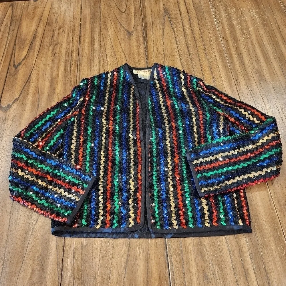 Ann green artsy black colorful sequin vintage open Cardigan Sweater Red - Image 6
