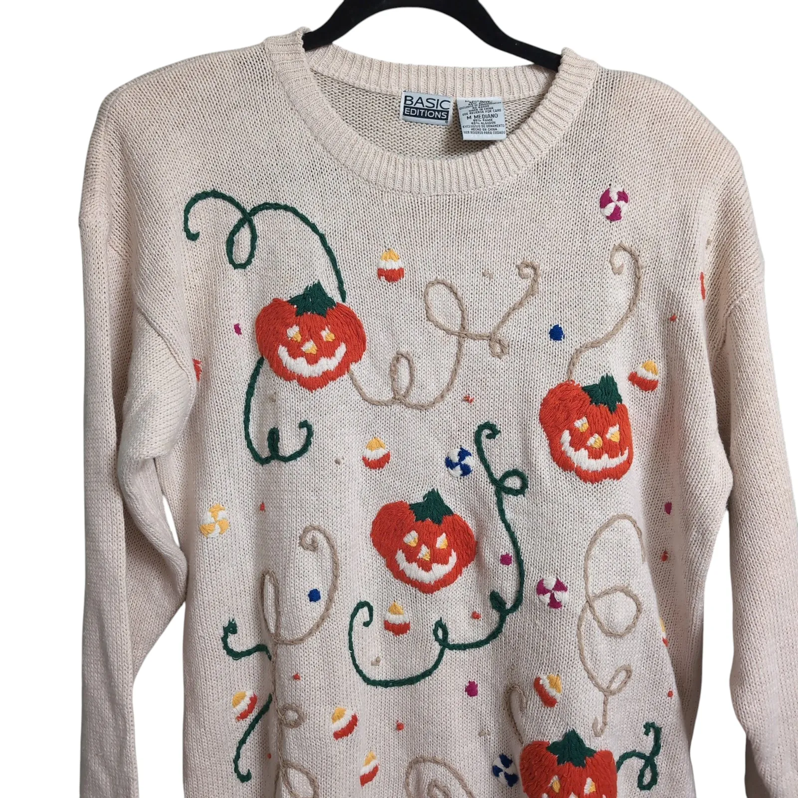 Basic Editions Halloween Sweater Vintage Pumpkins Candy Corn Novelty M Orange Size M - Image 3