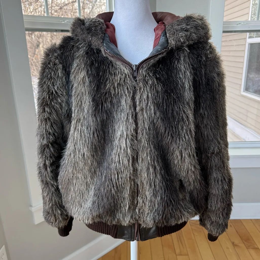 Vintage Raccoon Fur Cropped Hooded Fur Jacket Coat Medium Large Vtg 12 Gray - Image 2