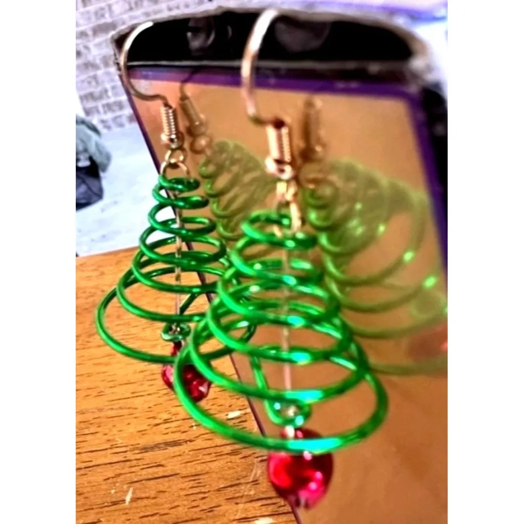 Christmas Tree Earrings Jingle Bells New Dangle Hooks Festive Holiday Pa… Green - Image 3