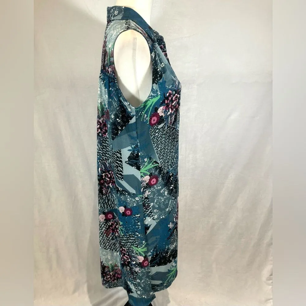 blue abstract print button down shirt dress size small - Image 2