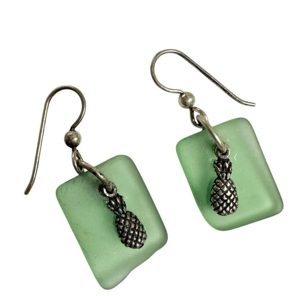 Sterling silver green Sea Glass Pineapple charm dangle earrings - Image 2