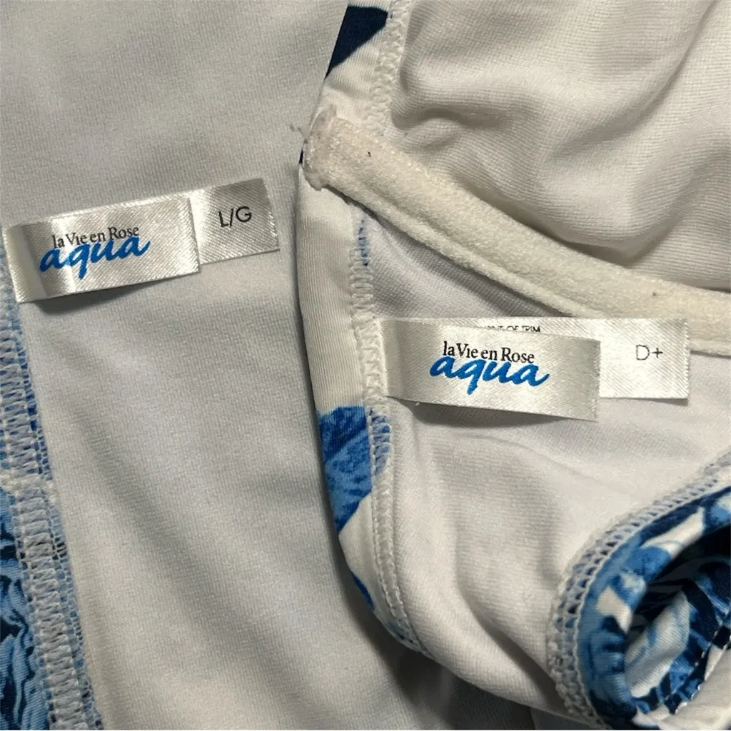 Aqua La Vie En Rose Sz L D Bikini 2 Piece Swimsuit Blue White Floral Halter Top Size L - Image 5