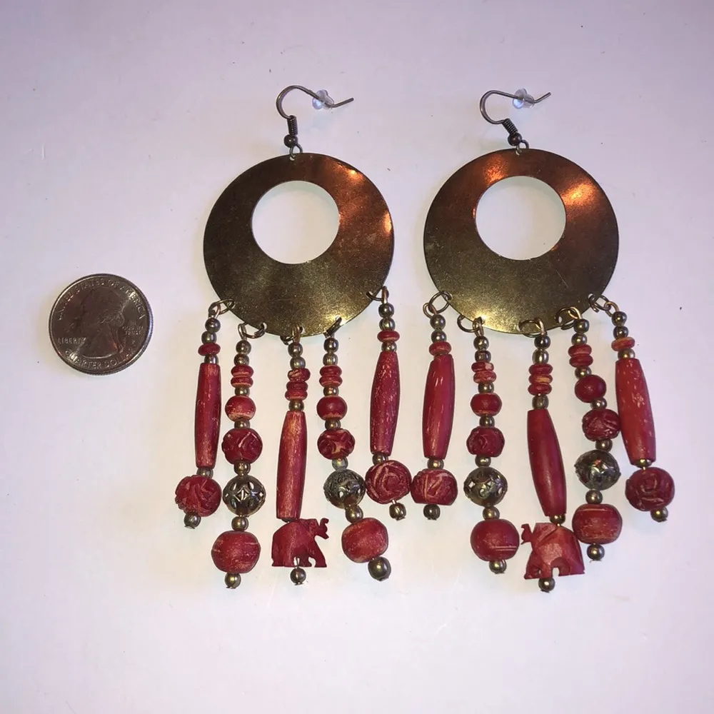 HUGE Vintage Brass & Red Carved Wooden Elephant Beads Beaded Boho Earrings - Image 8