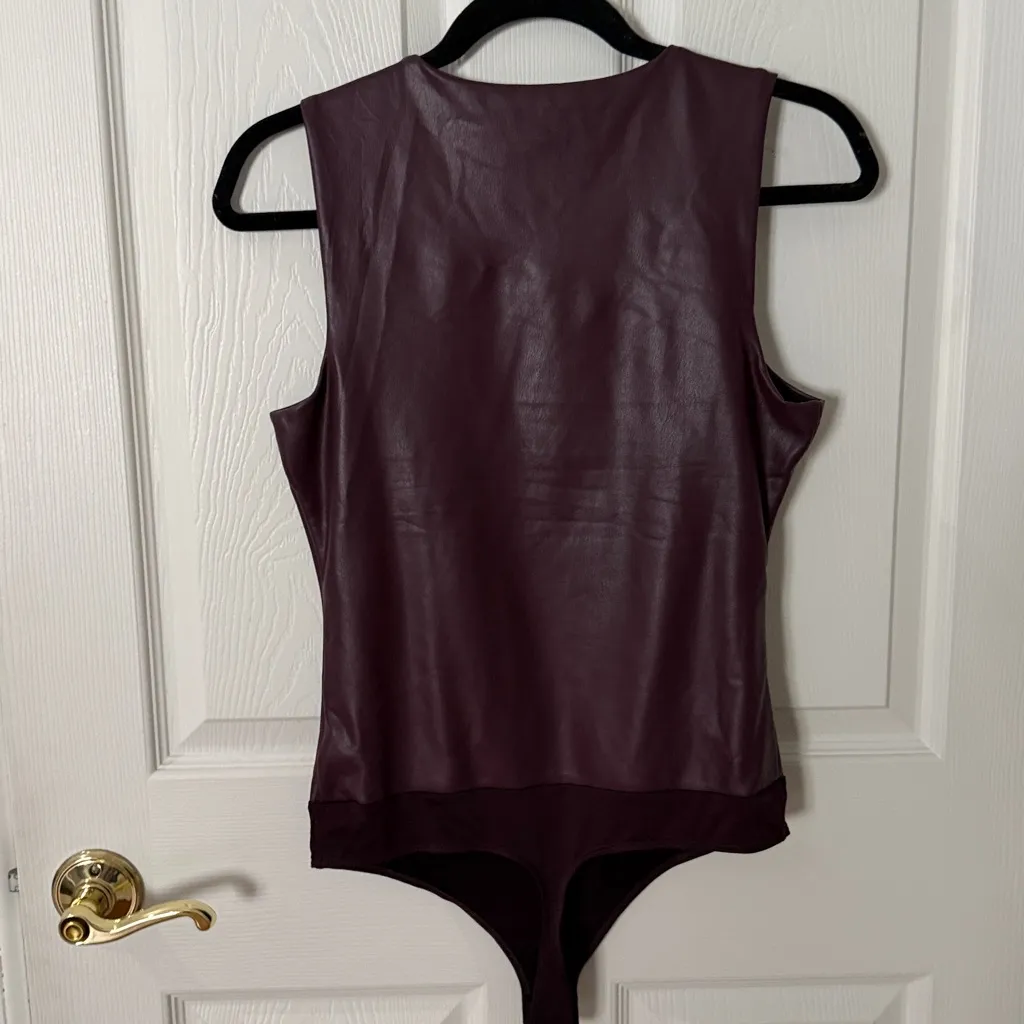 Express Deep Purple Faux Leather Bodysuit size medium body contour thong - Image 3