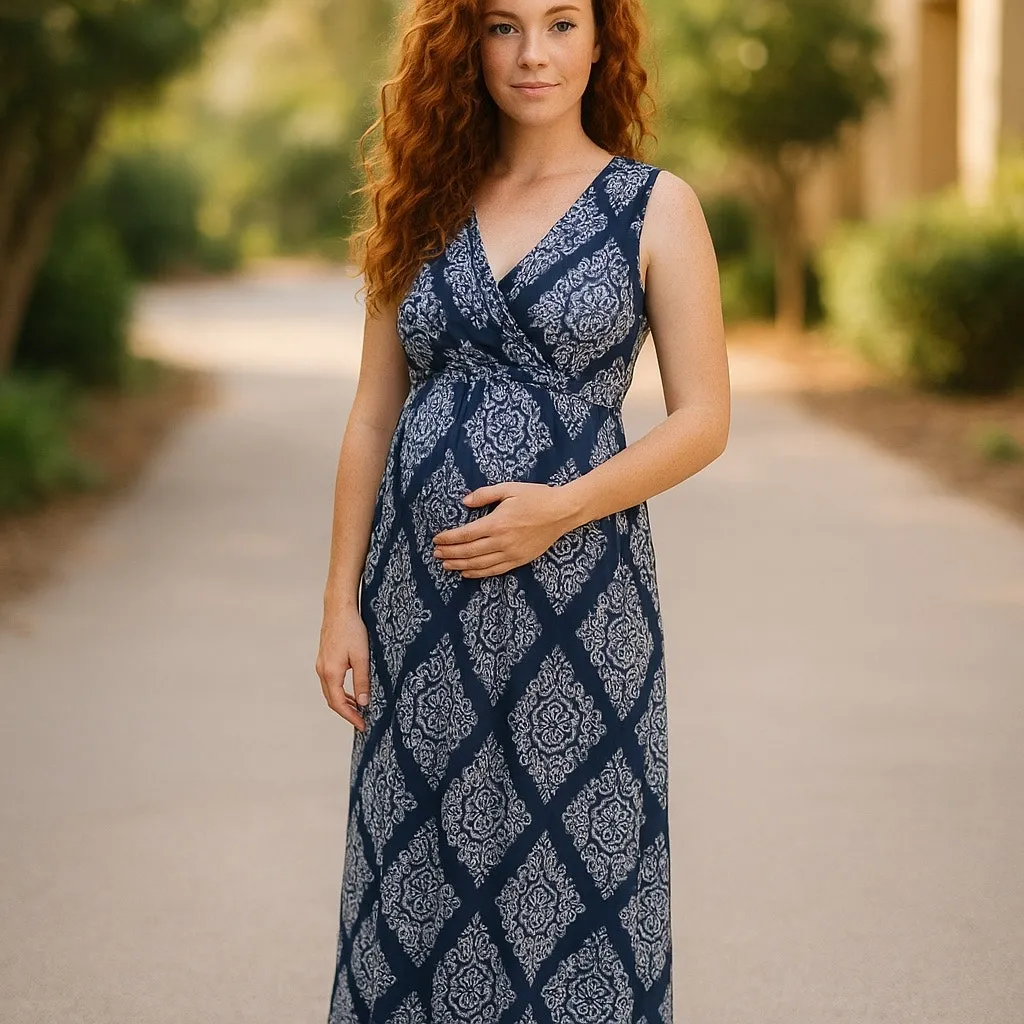 Motherhood Navy and White Maxi Dress Knit‎ Faux Wrap Maternity NEW XL - Image 2