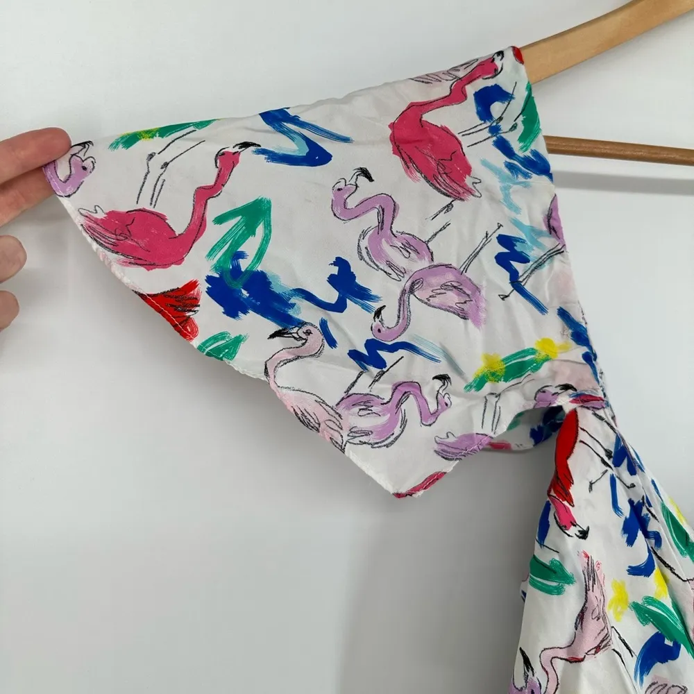 Tanya Taylor Teigan Print Midi Silk Dress size 4 Short Flutter Sleeves Flamingos - Image 5