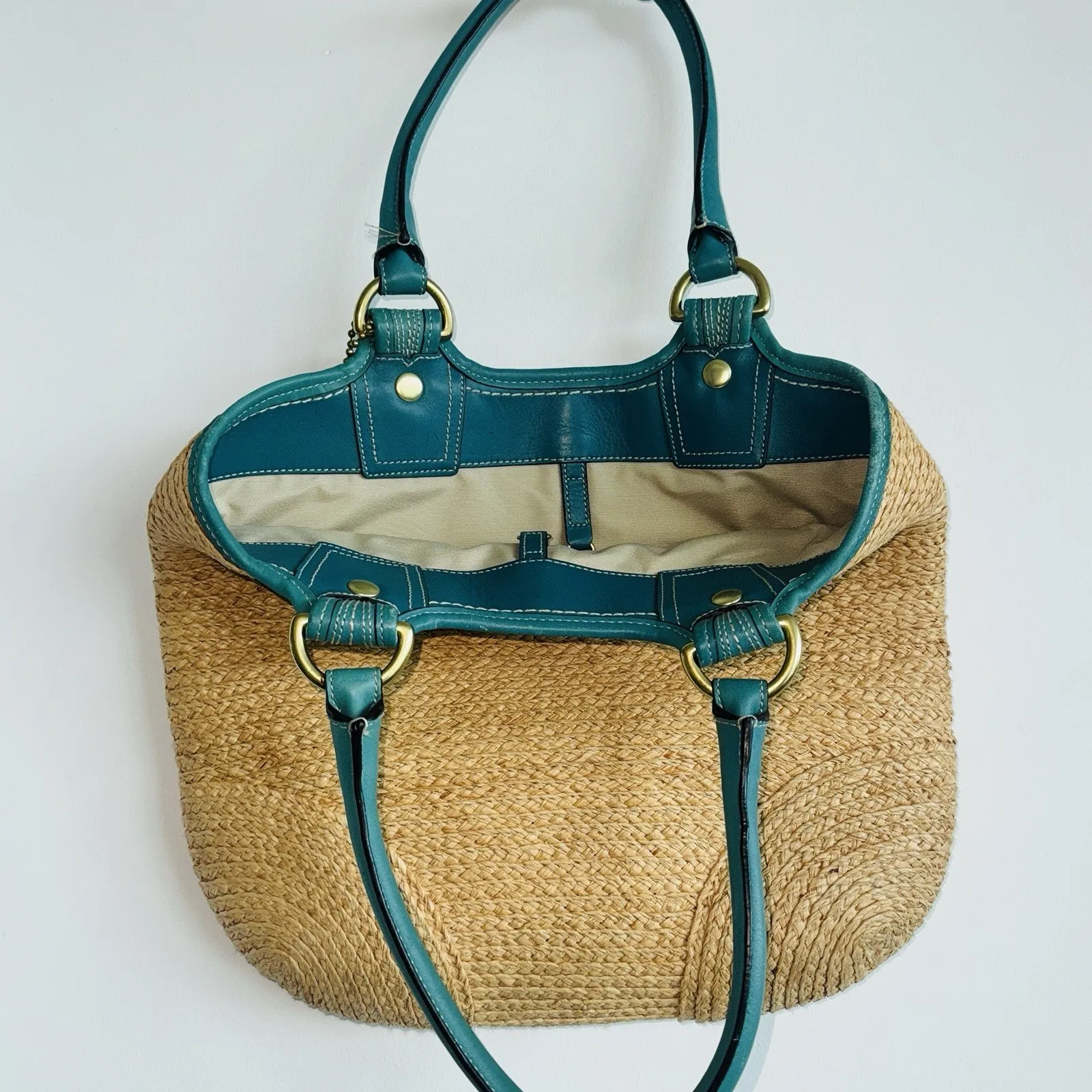 Vintage Coach Bleecker Natural Straw Tote Bag Teal Leather Boho Chic 15x13" Y2K - Image 2