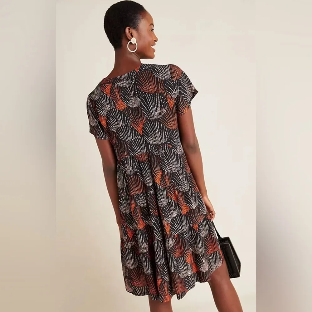 Anthropologie Maeve Tania Tiered Tunic Dress Red White Printed Small V Neck Boho - Image 3