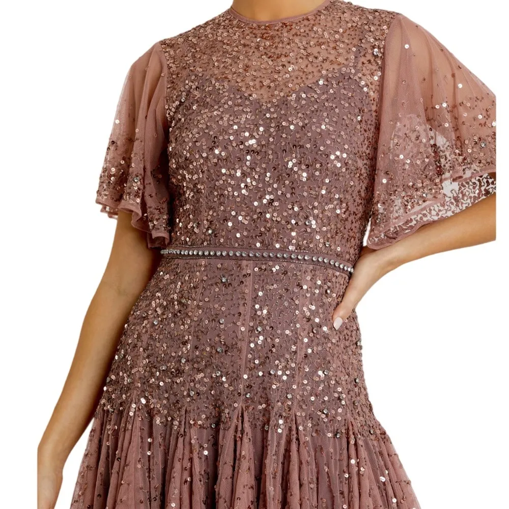 Mac Duggal Pink Cape Sleeve Beaded Tea Length Drop Waist Dress Women’s Sz 12 - Image 3