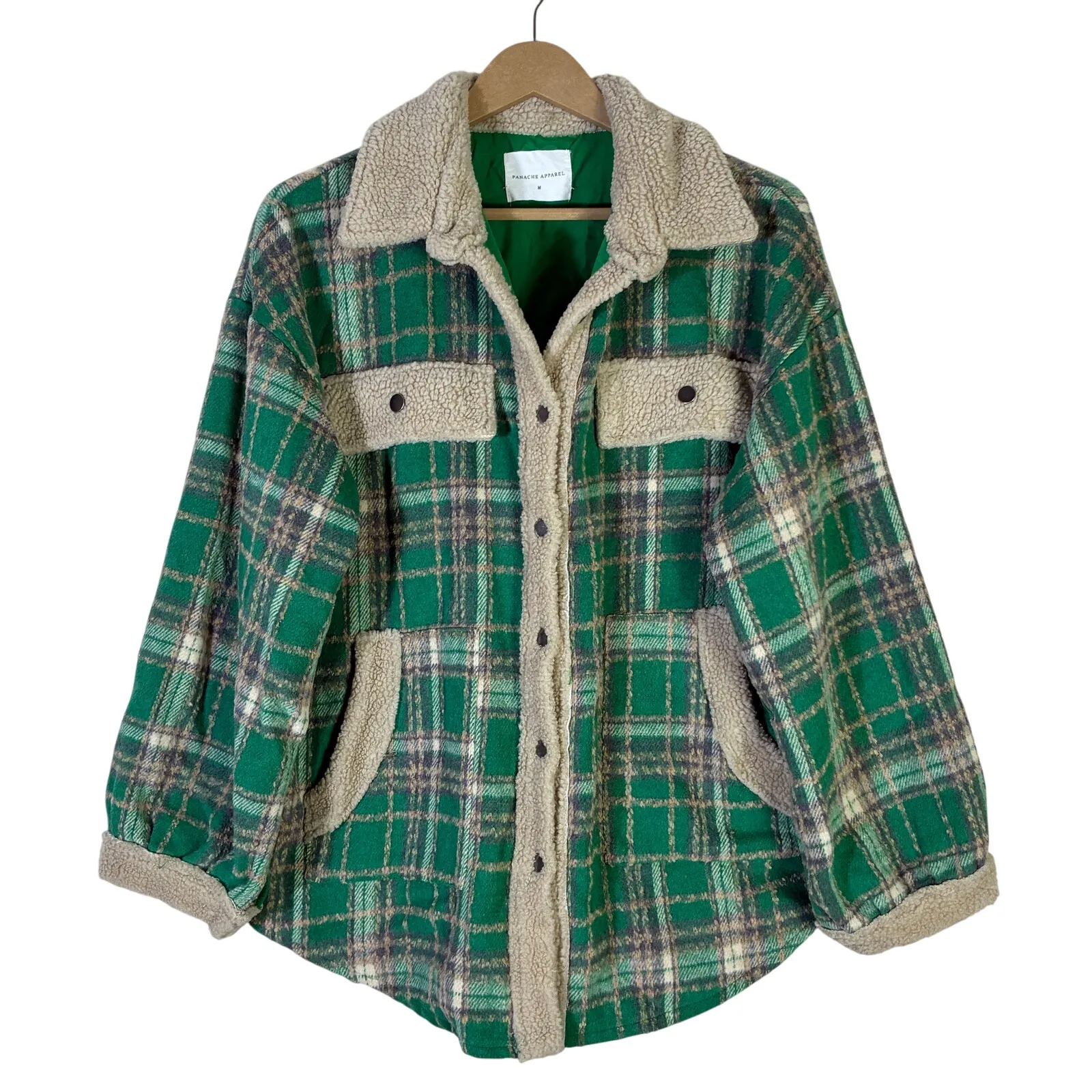 Panache Apparel Plaid Sherpa Lined Jacket Womens M Green Cream Cozy Cottagecore Size M - Image 2