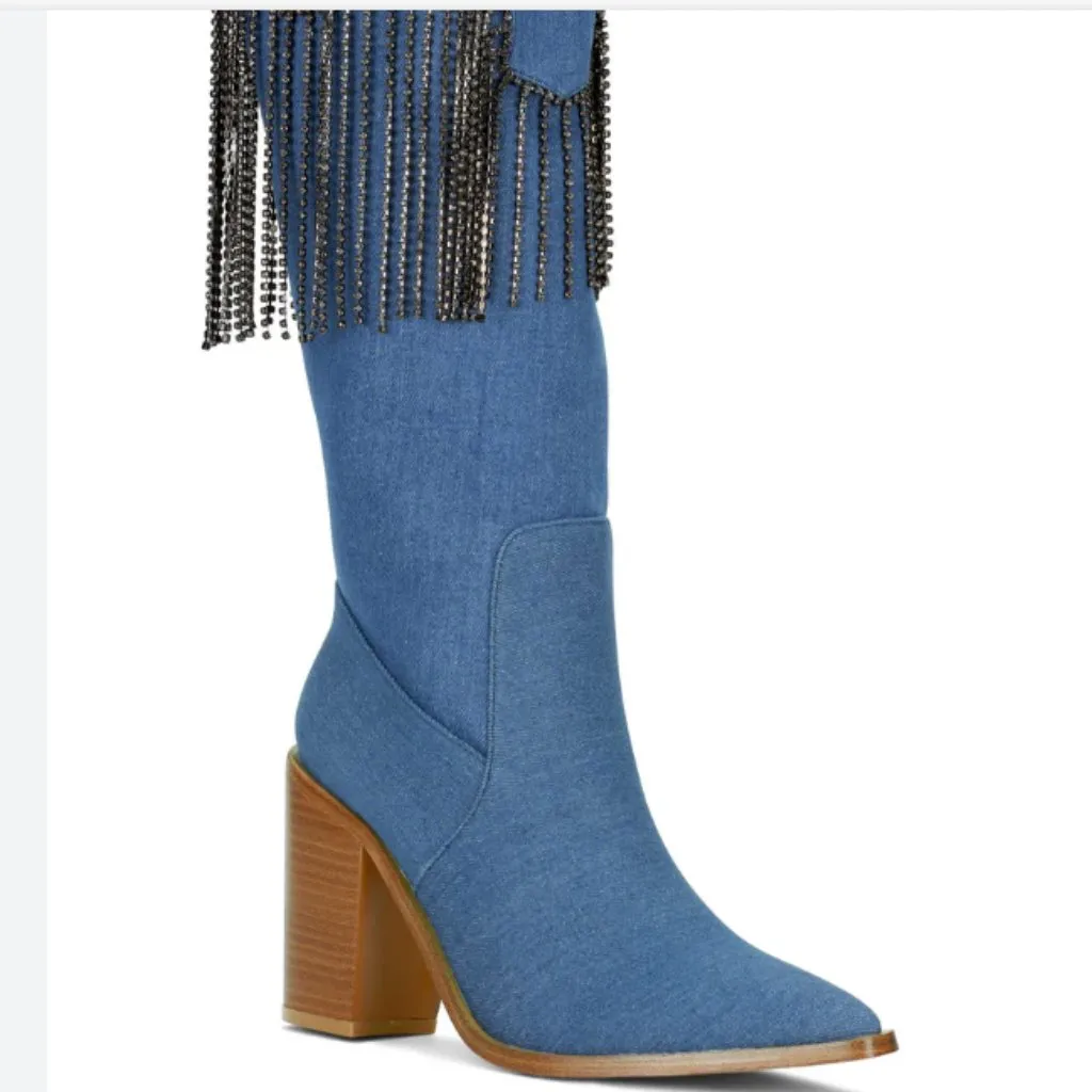NEW Venus Cowgirl Embellished Fringe Blue Denim Boot - Image 8