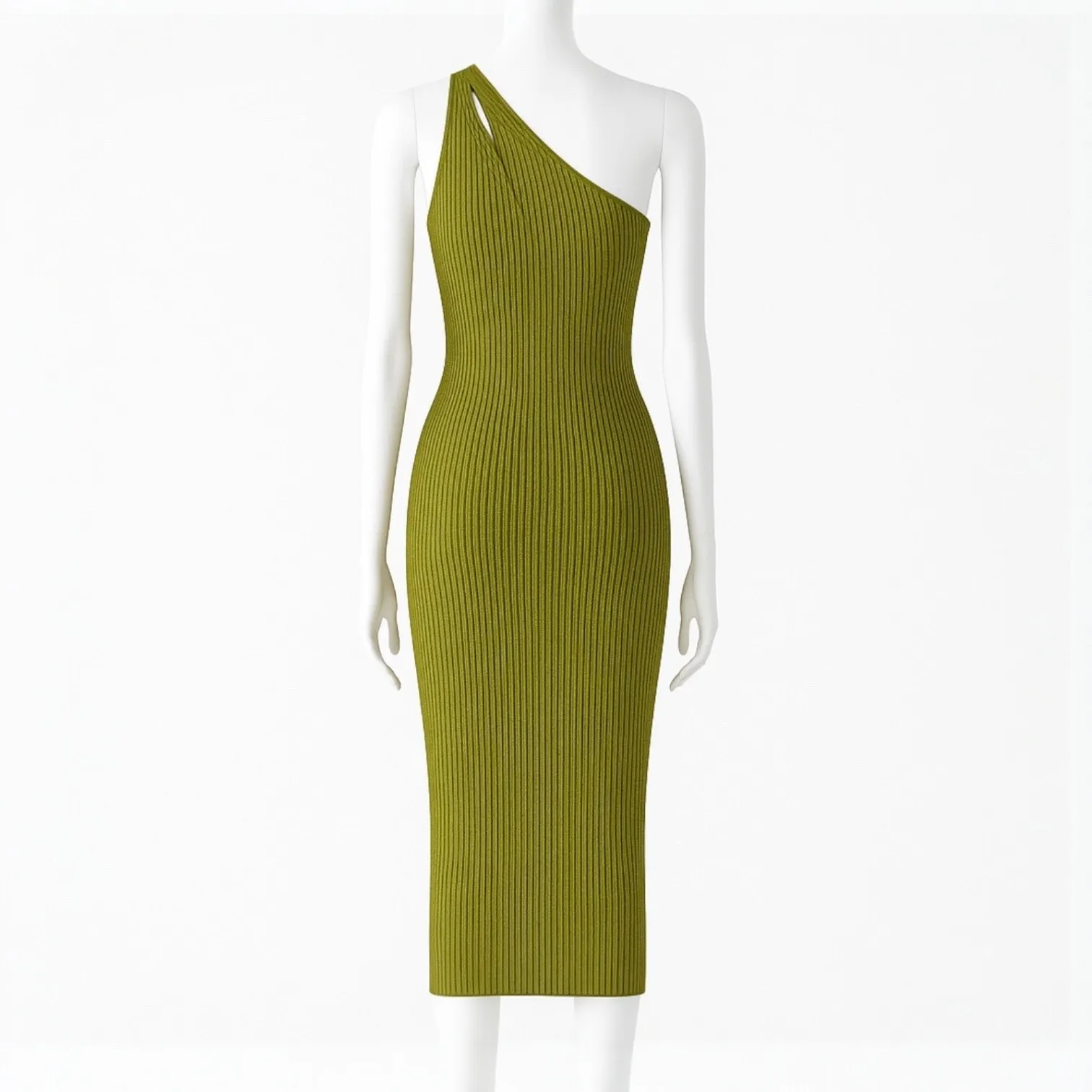 Zara Green Rib Knit Sleeveless Asymmetric One Shoulder Midi Bodycon Dress Sz S - Image 3