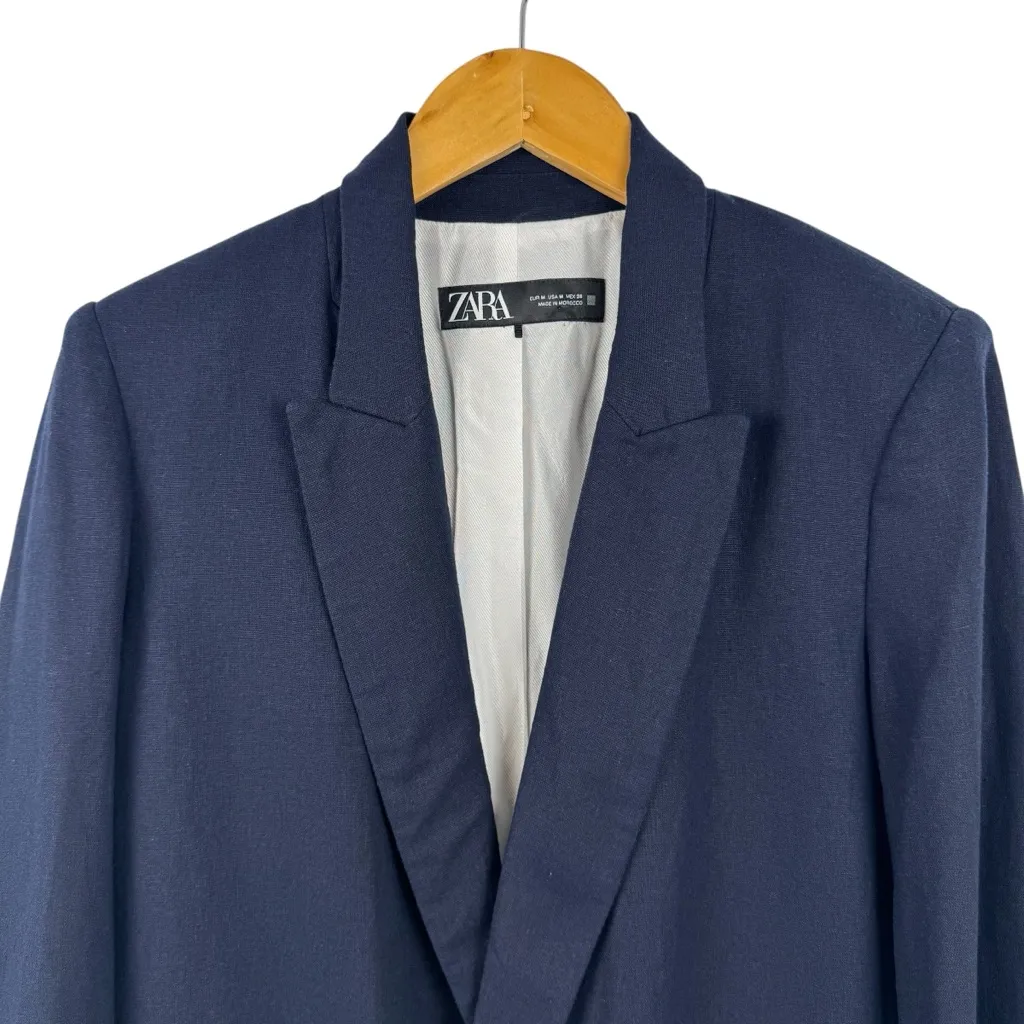 Zara Navy Blue Linen Blend Open Front Blazer Jacket Size Medium Striped Lining - Image 4