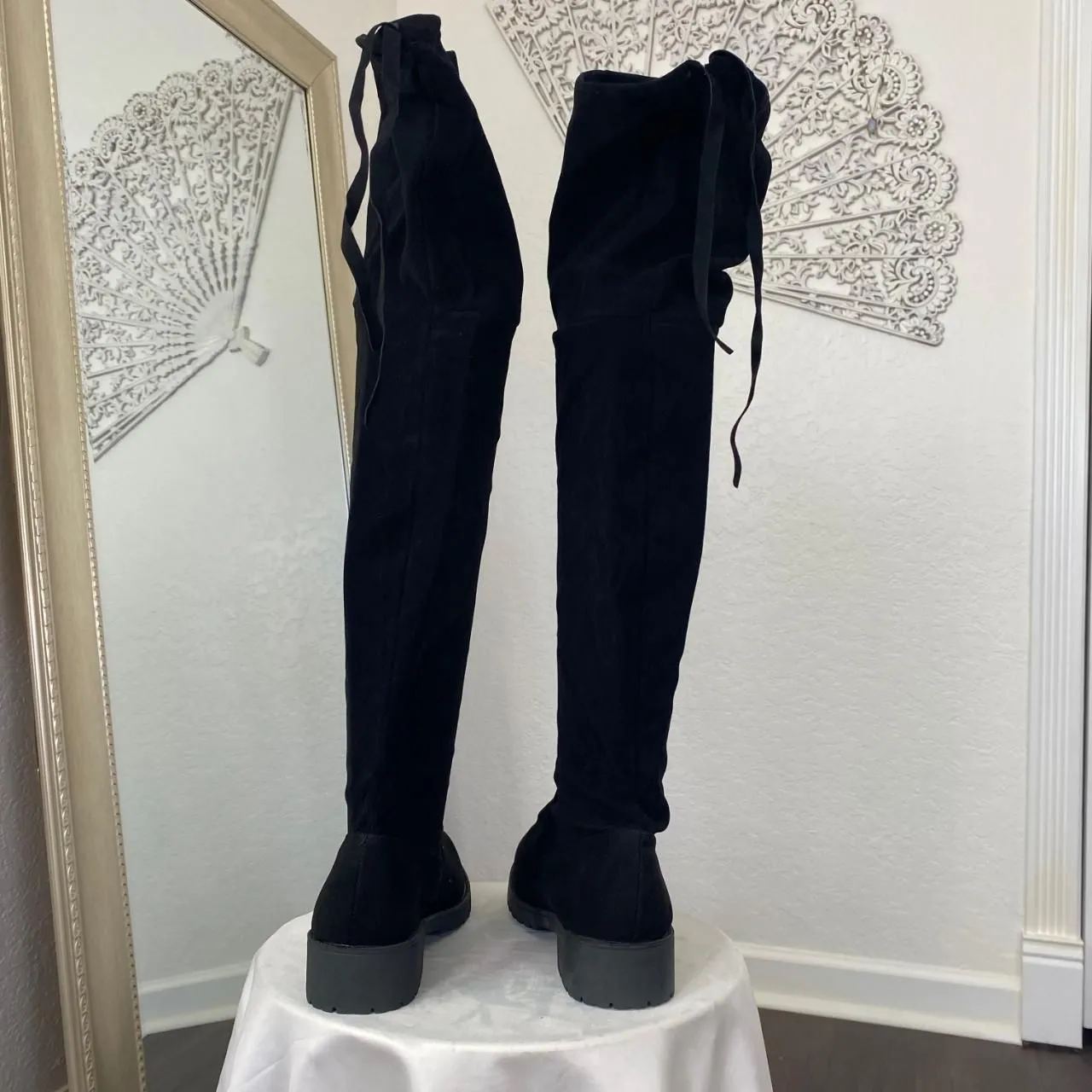 Boho Whimsygoth Faux Suede Black Flat Over The Knee Tassel Boots US 9.5 EU 40 - Image 4