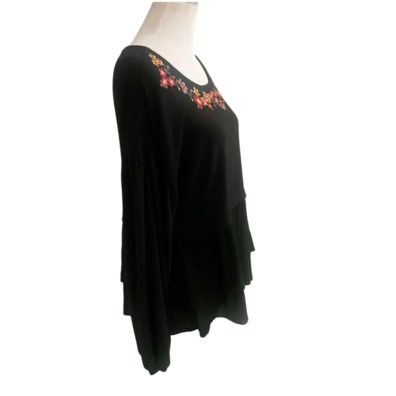 Savannah Jane Long Sleeve Embroidered Tunic Size Medium Black Soft Tiered Boho - Image 2