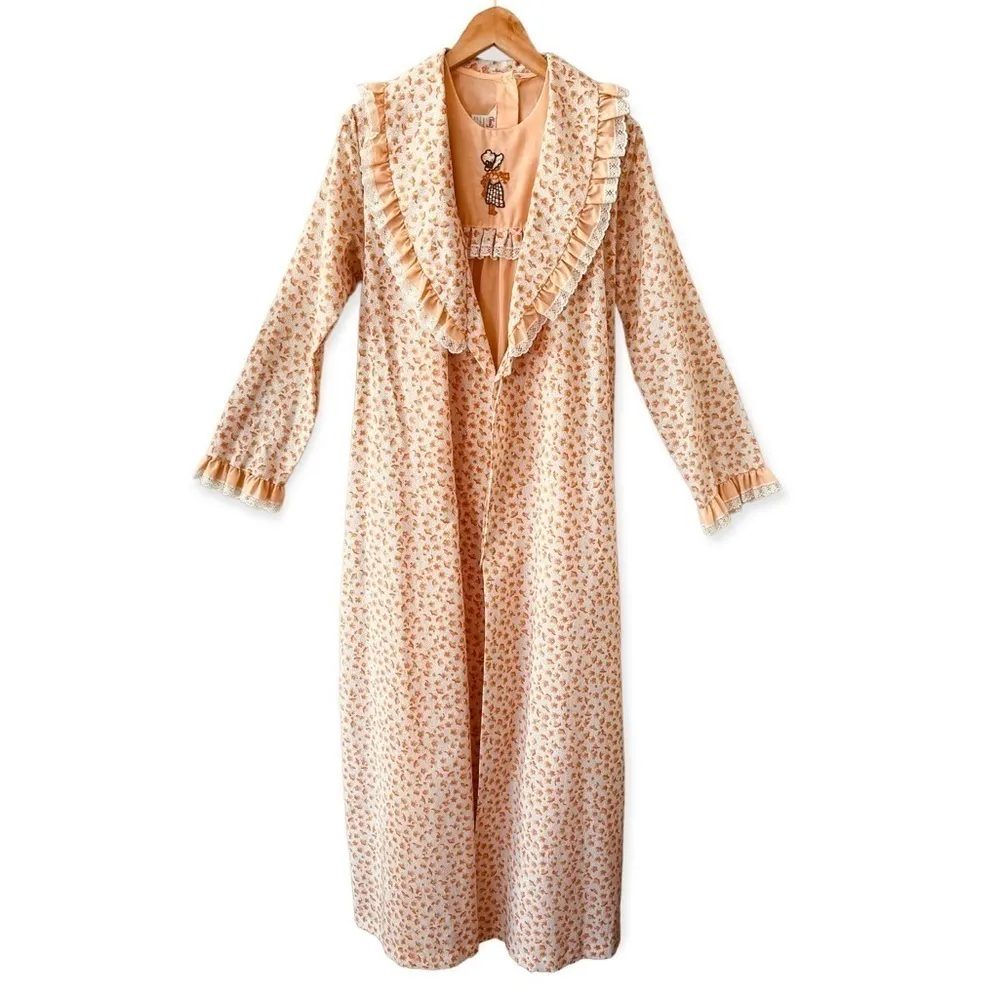 CHERRI LYNN JR Vintage 70’s Lace Trim Floral Nightgown & Robe Size 11 - Image 4