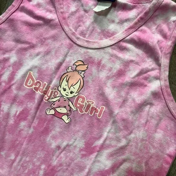 Vintage 90s Flintstones Pebbles Dadddy's Girl Tie Dye‎ Baby Tank Womens Size L Pink Size L - Image 2