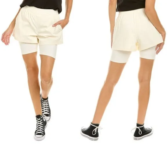 NWT WeWoreWhat Athleisure Layered Windbreaker Biker Shorts in Off White - Image 2