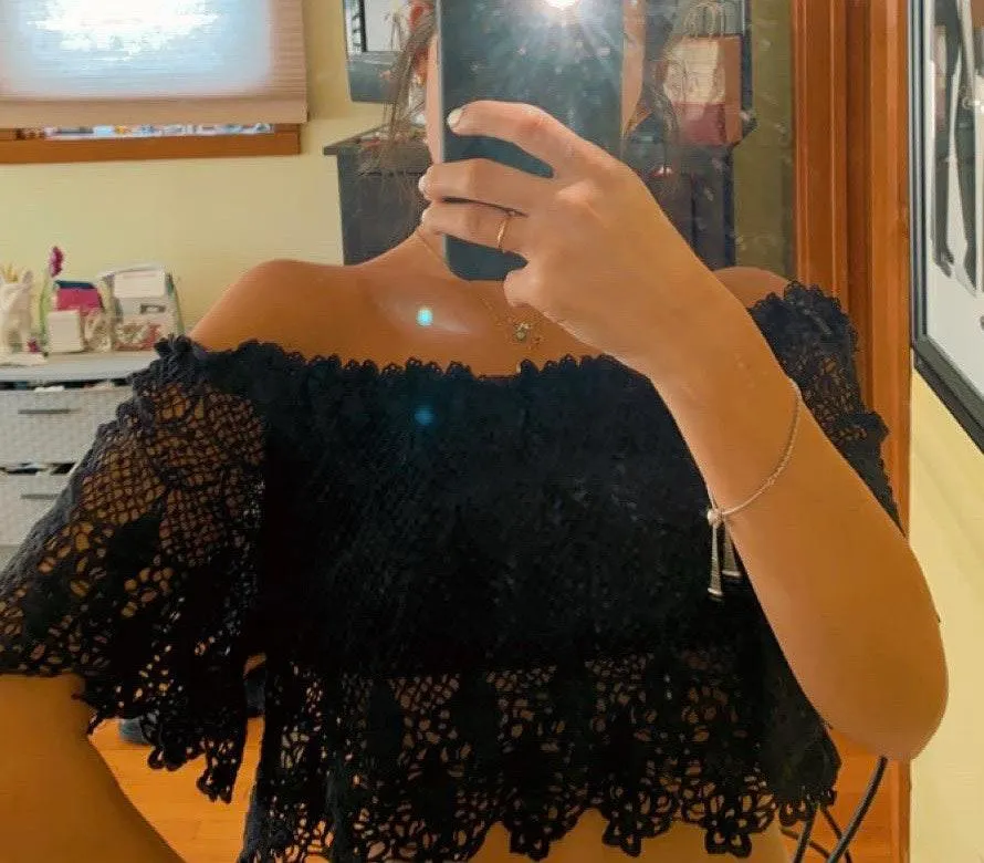 Crochet Off The Shoulder Top Black - Image 2