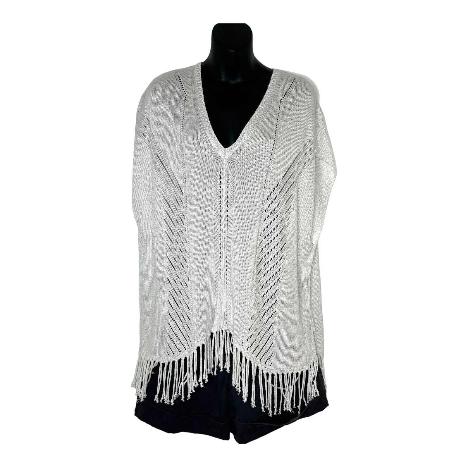 New SAKS FIFTH AVE White Crochet‎ Fringed Sweater Poncho Boho Oversized Top XS - Image 2
