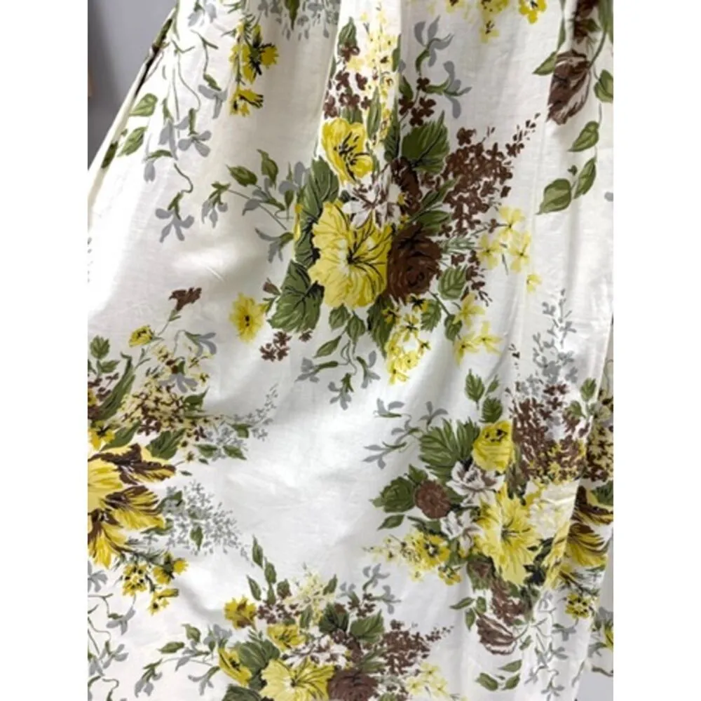 50s VTG White Cotton Floral Skirt Yel/Brw/Green Pleated Metal Zipper Belt Loops Size M - Image 5