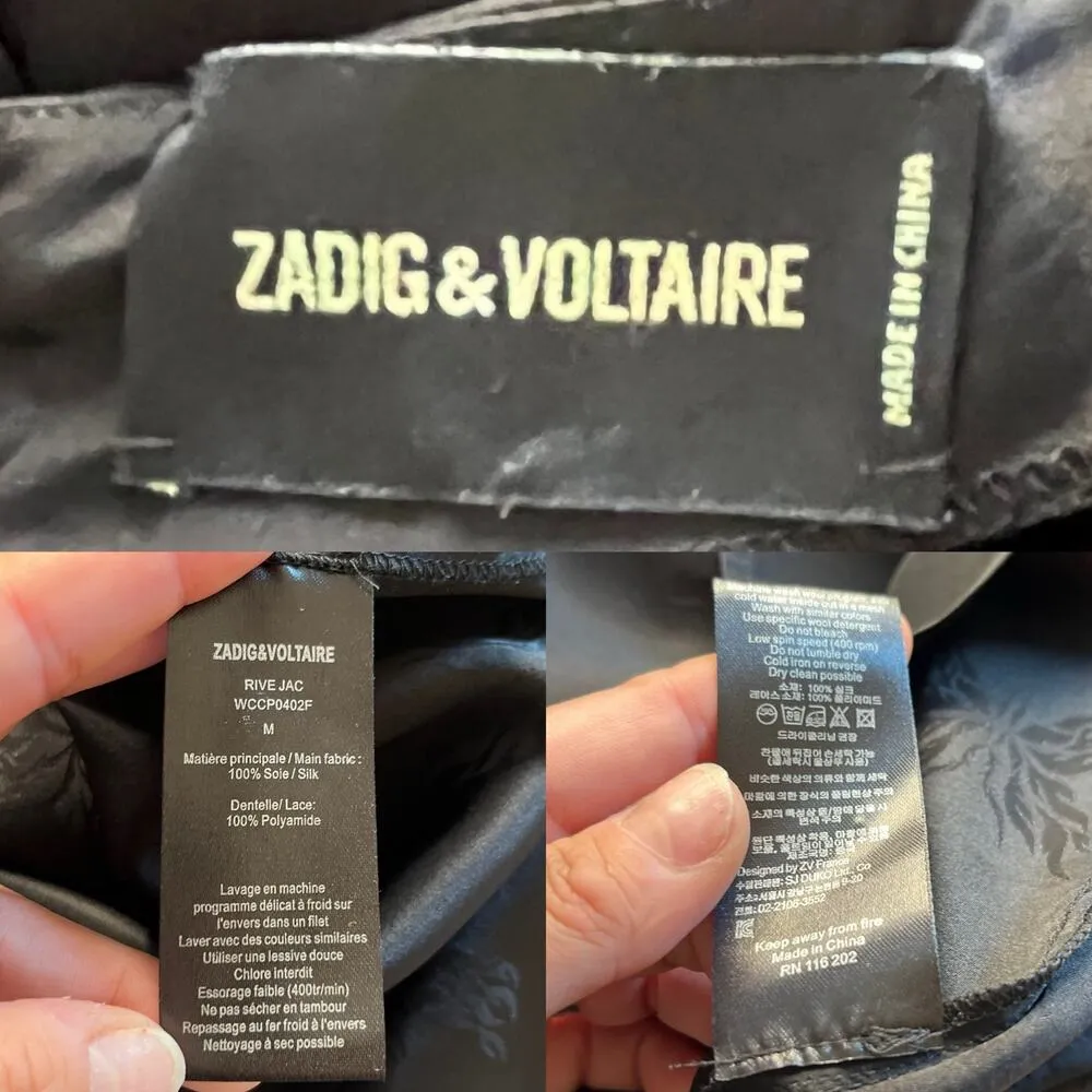 ZADIG & VOLTAIRE Satin Silk Black Dress Butterfly Lace Trim Long Sleeves Medium - Image 7