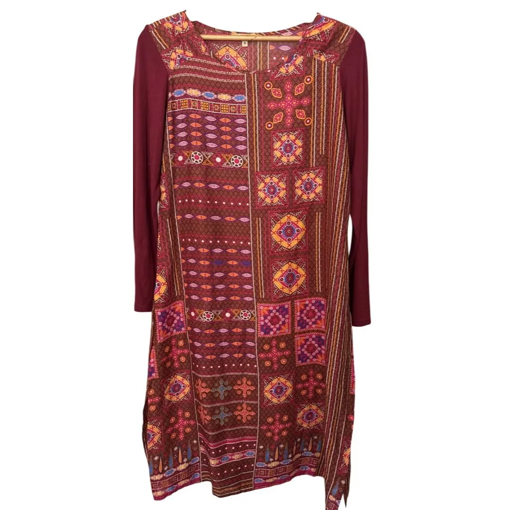 Global Desi Woman's Top Kurta Medium Red Boho Gypsy Slits Tunic Blouse Sheer - Image 2